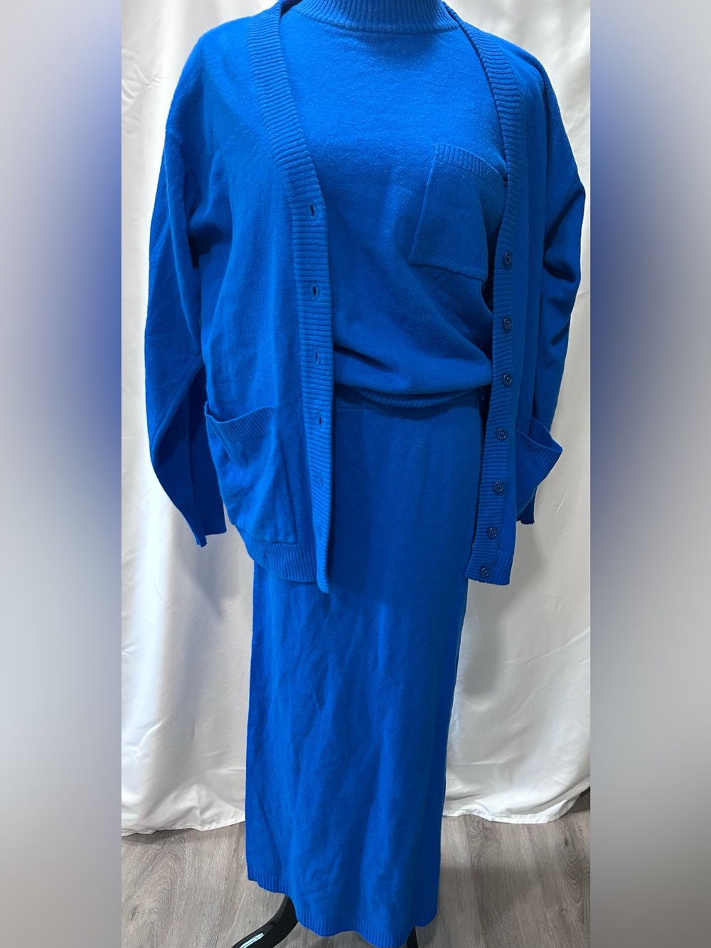 D.D. SLOANE Vintage 3Pc Set Blue Lambswool Mock Neck Top Cardigan Skirt Medium